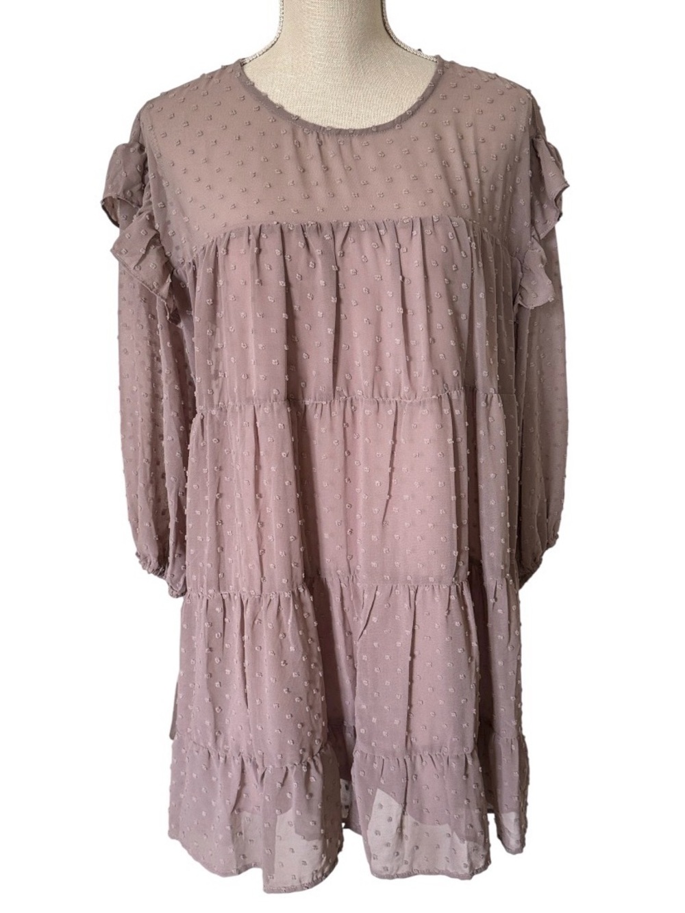 ENTRO Latte Polka Dot Ruffle Tiered Textured Babydoll Midi Dress Small NEW Chic